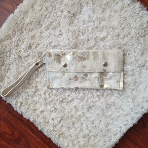 Beaudin Women's Bag Gold and Cream Wristlet Clutch Leather Hair On Hide